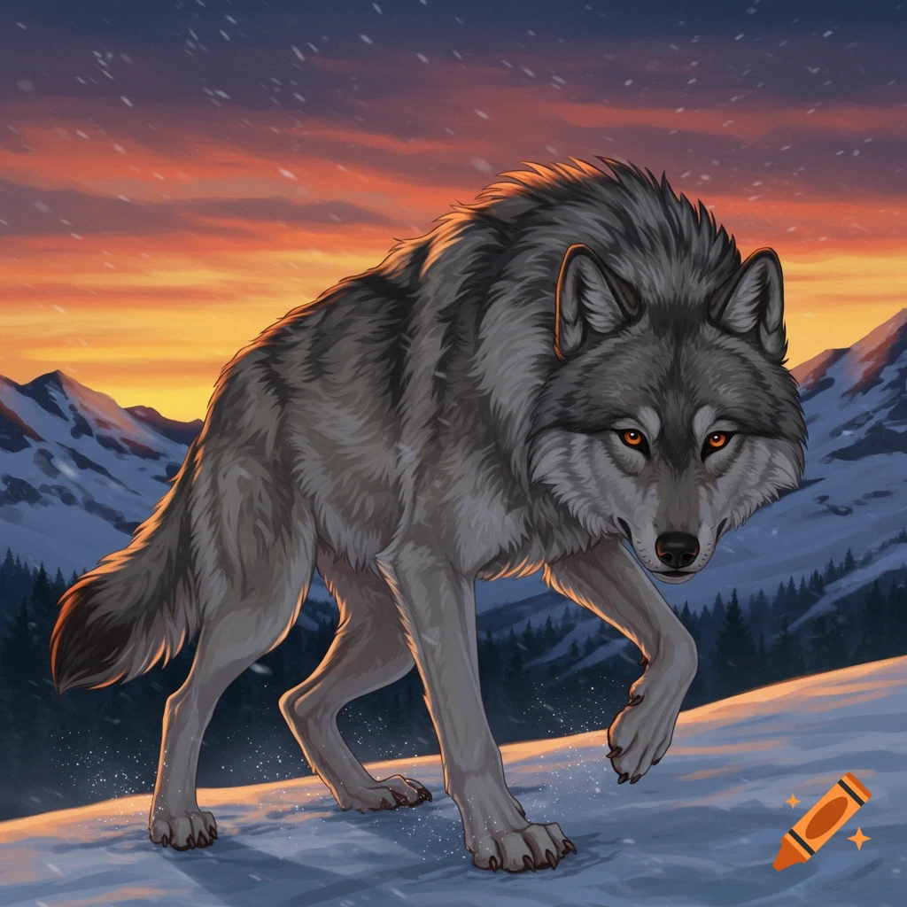Grey wolf walking in the snow on a mountain slope at sunset.