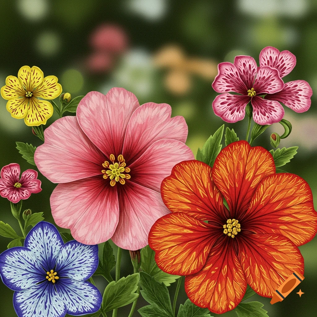Colorful image of various flowers against a blurred green background.