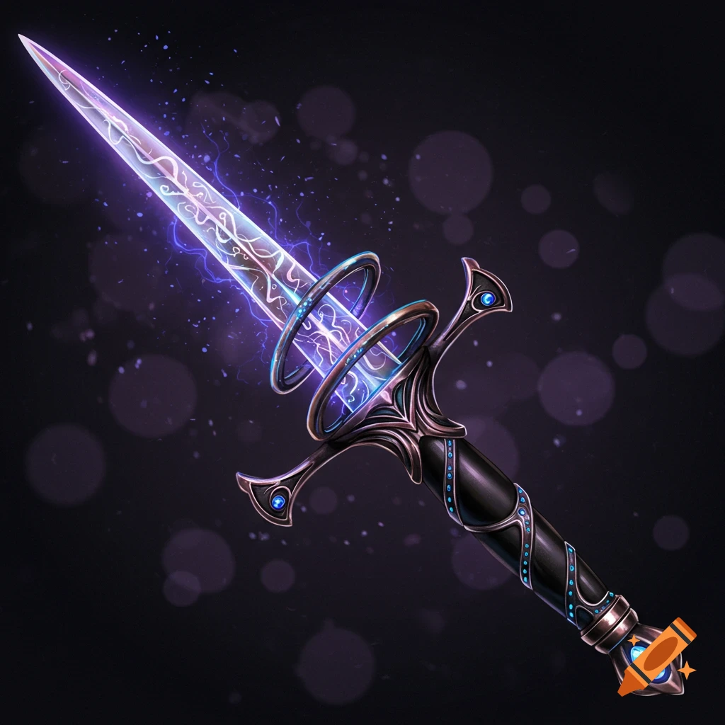 A detailed picture of a magical glowing rapier or dagger with glowing runes and ornate hilt.