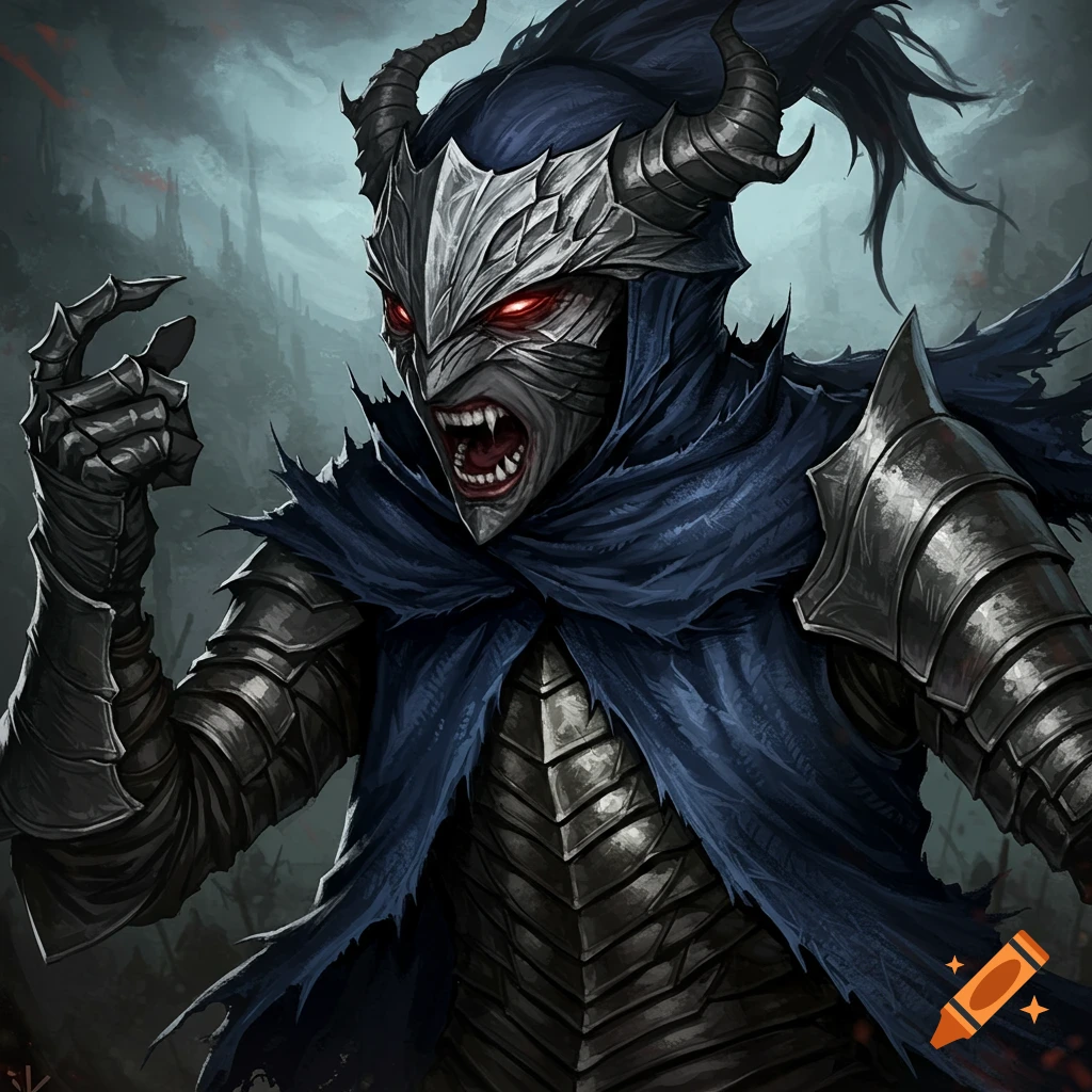Painting of a horned, fanged figure in dark armor and blue cape, snarling aggressively.