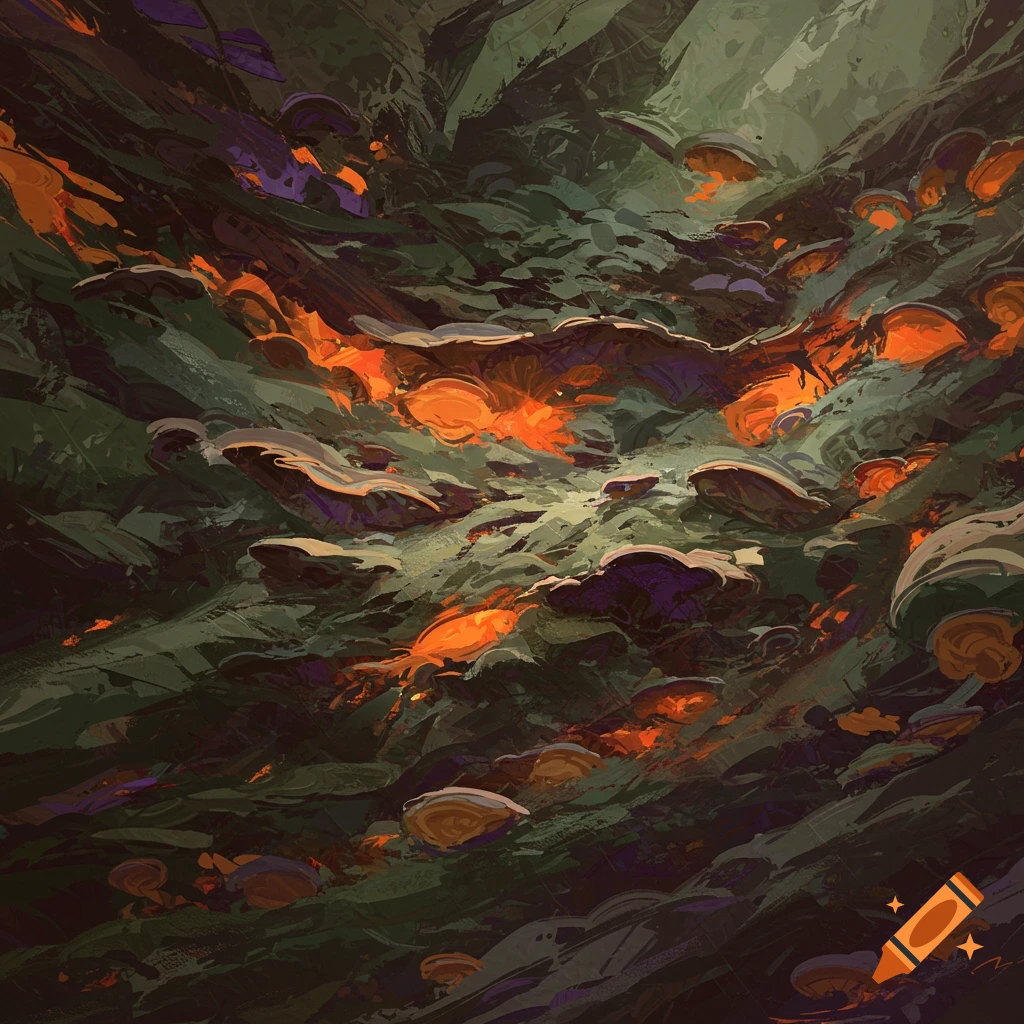 Abstract image resembling organic decay with dark greens and bright orange forms.