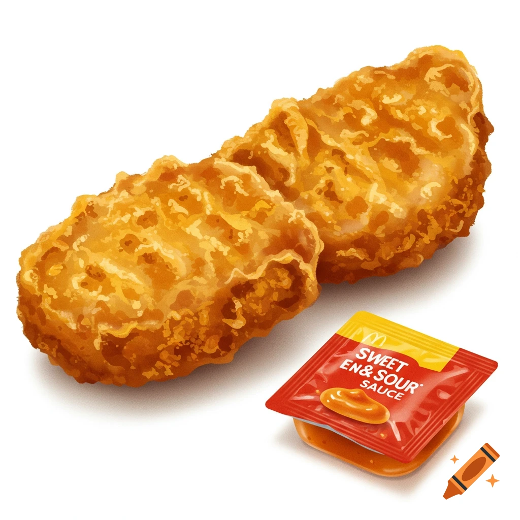 Two chicken nuggets and a sweet and sour sauce packet on a white background.