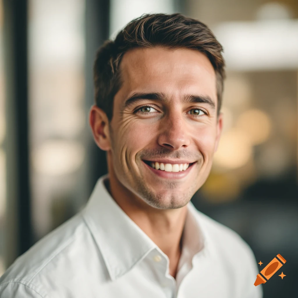 A smiling man in a white shirt.