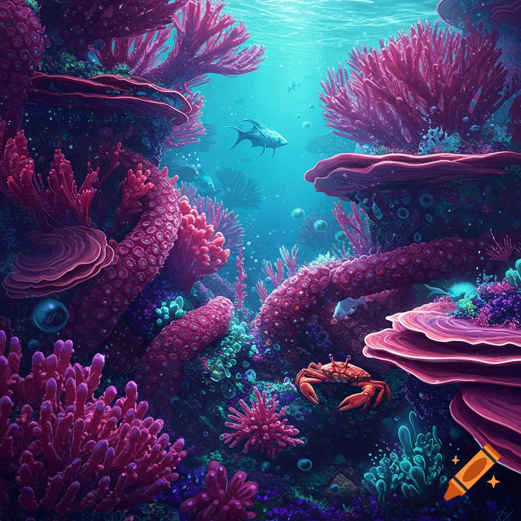 Vibrant underwater coral reef with pink coral, fish, and a crab.