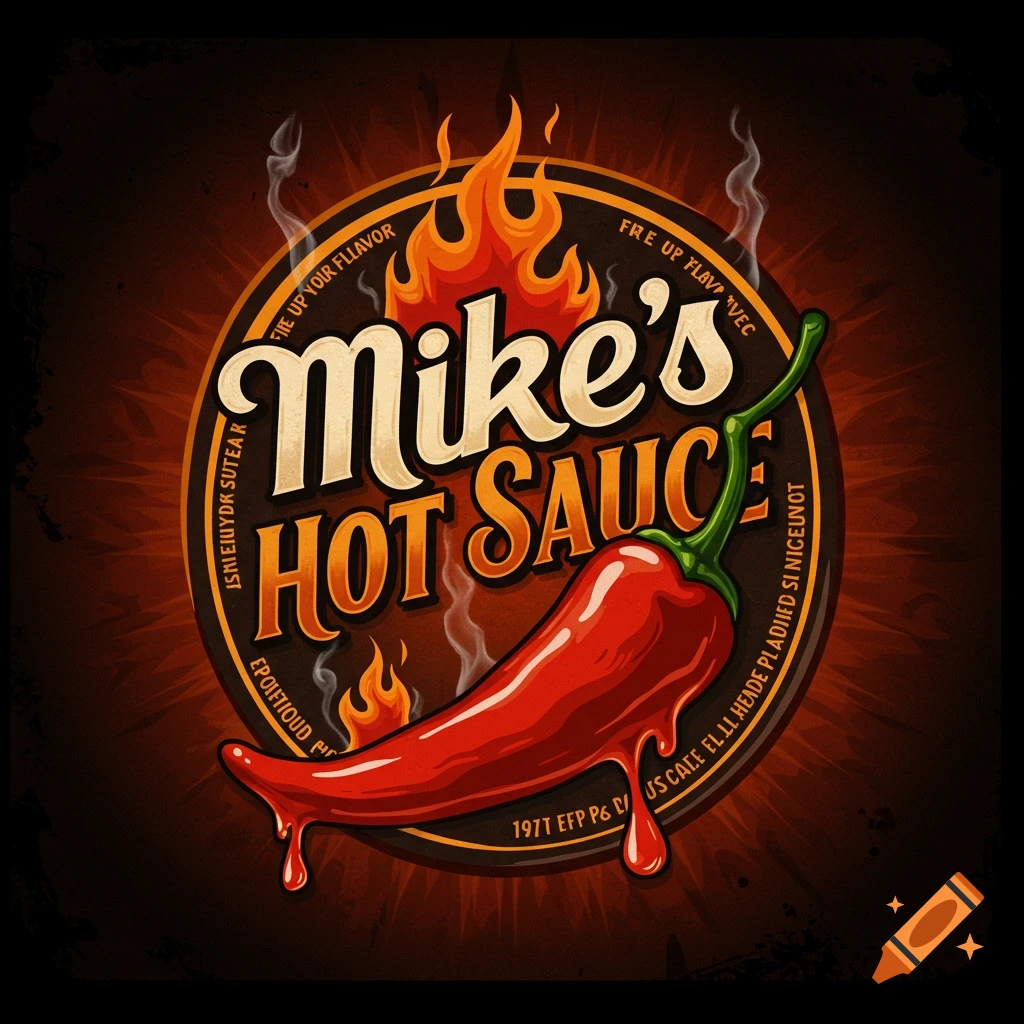 Logo for Mike's Hot Sauce with a chili pepper, flames, and text on a circular label.