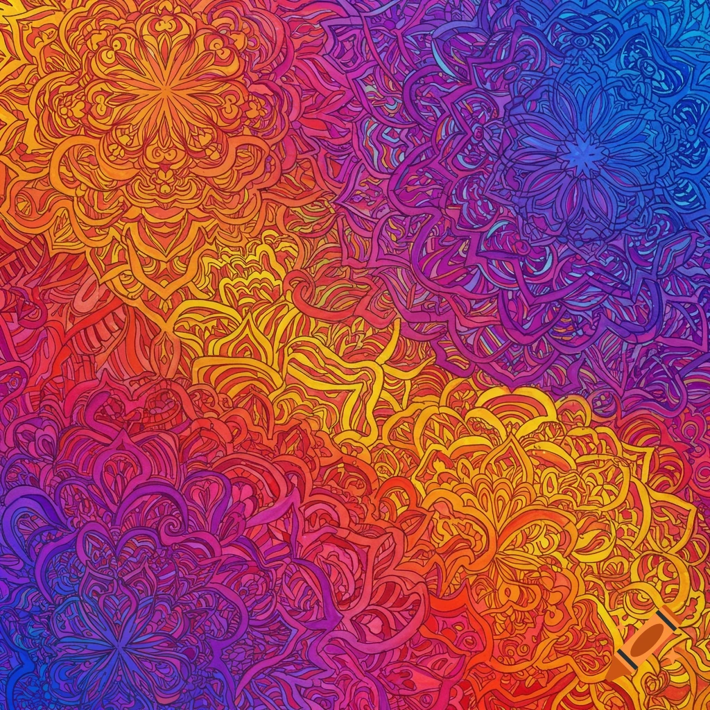 Colorful abstract pattern of doodles and mandala shapes
