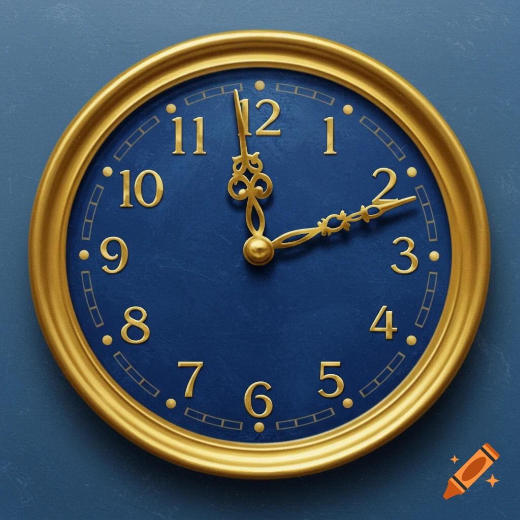 A gold-framed blue analog clock on a blue wall. The time is approximately 2:48.