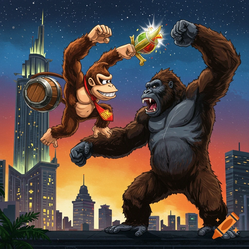 Donkey Kong attacks King Kong with a sword on a rooftop overlooking a city skyline at sunset.