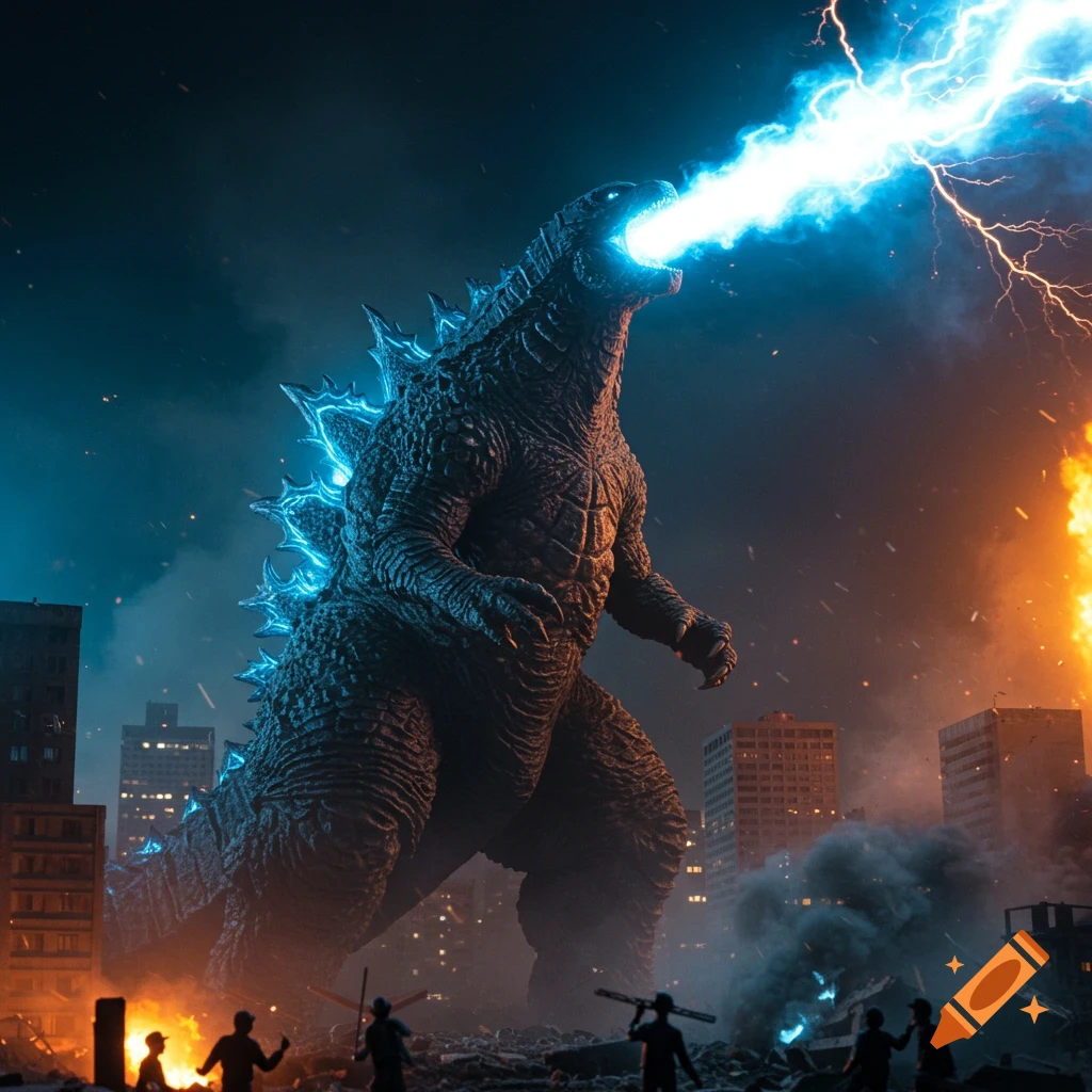 A giant monster resembling Godzilla stands in a ruined city, breathing blue energy and illuminated by lightning.