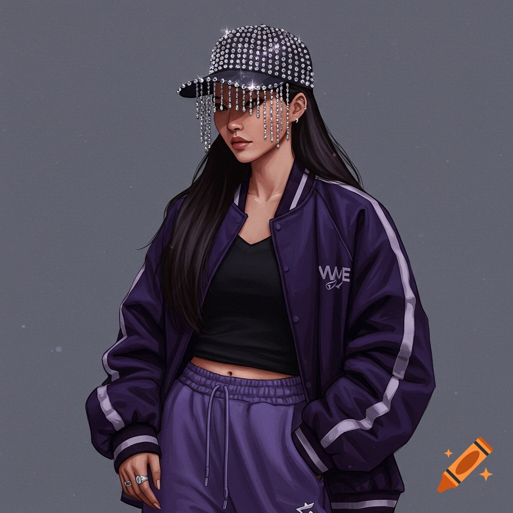 A woman in a purple jacket and sweatpants, wearing a cap with dangling crystals.