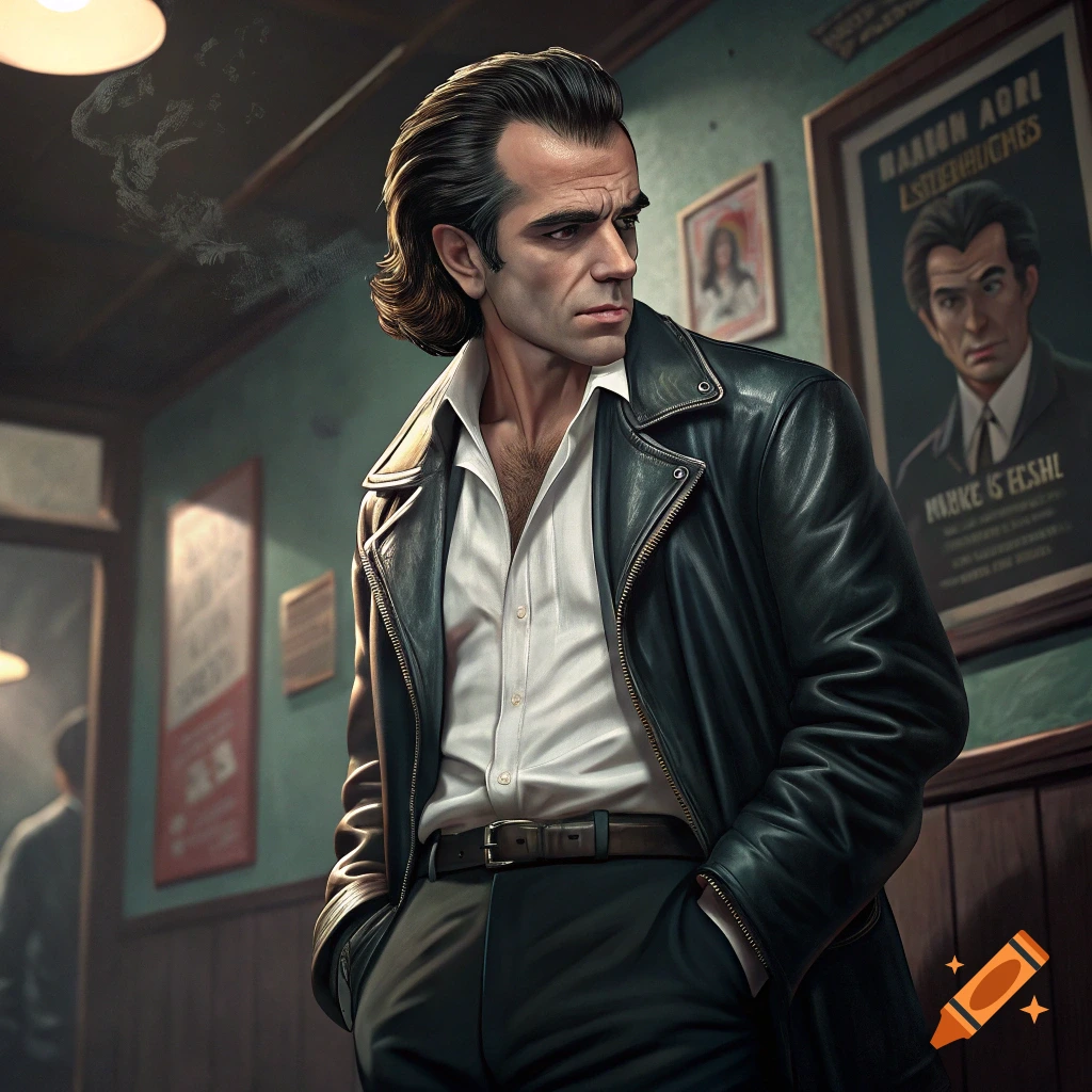 A man in a leather jacket and white shirt stands in an interior, hands in pockets, looking sideways. A blurry poster is in the background.