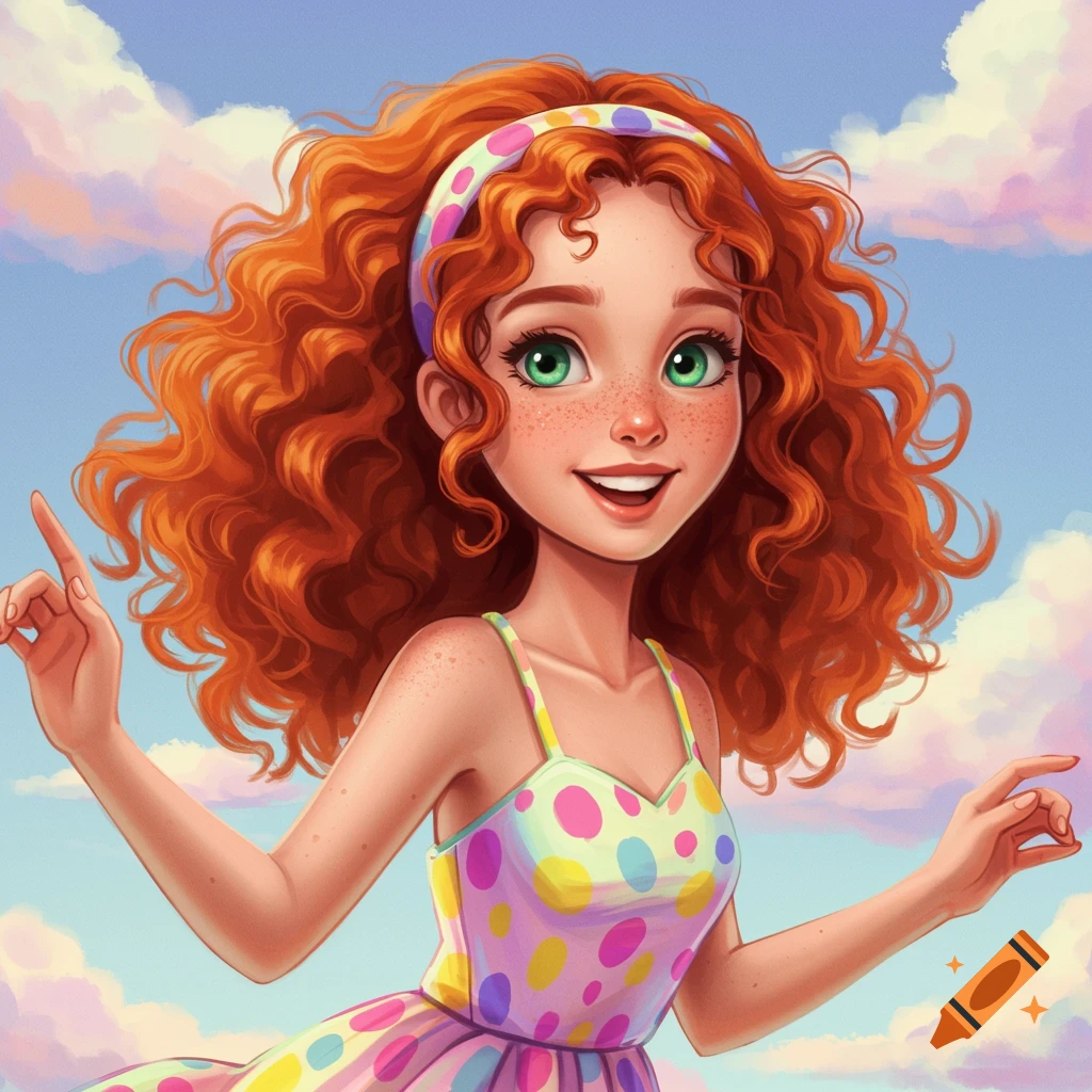 A joyful young girl with red curly hair and green eyes in a colorful polka dot dress, standing against a whimsical sky.