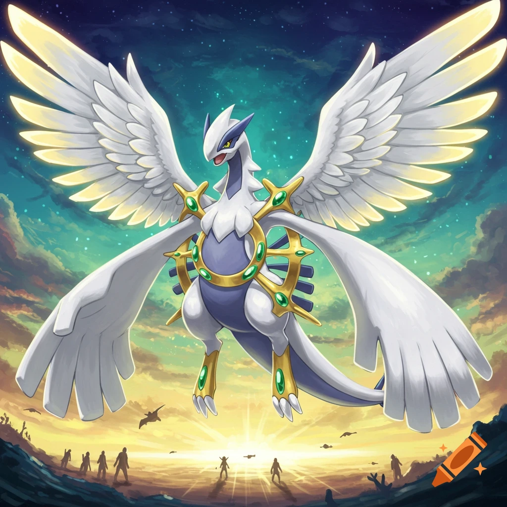 Illustration of a Lugia Arceus Pokémon fusion flying over a landscape at sunset.