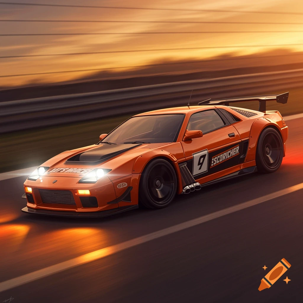 Orange race car speeding on a track at sunset with motion blur.