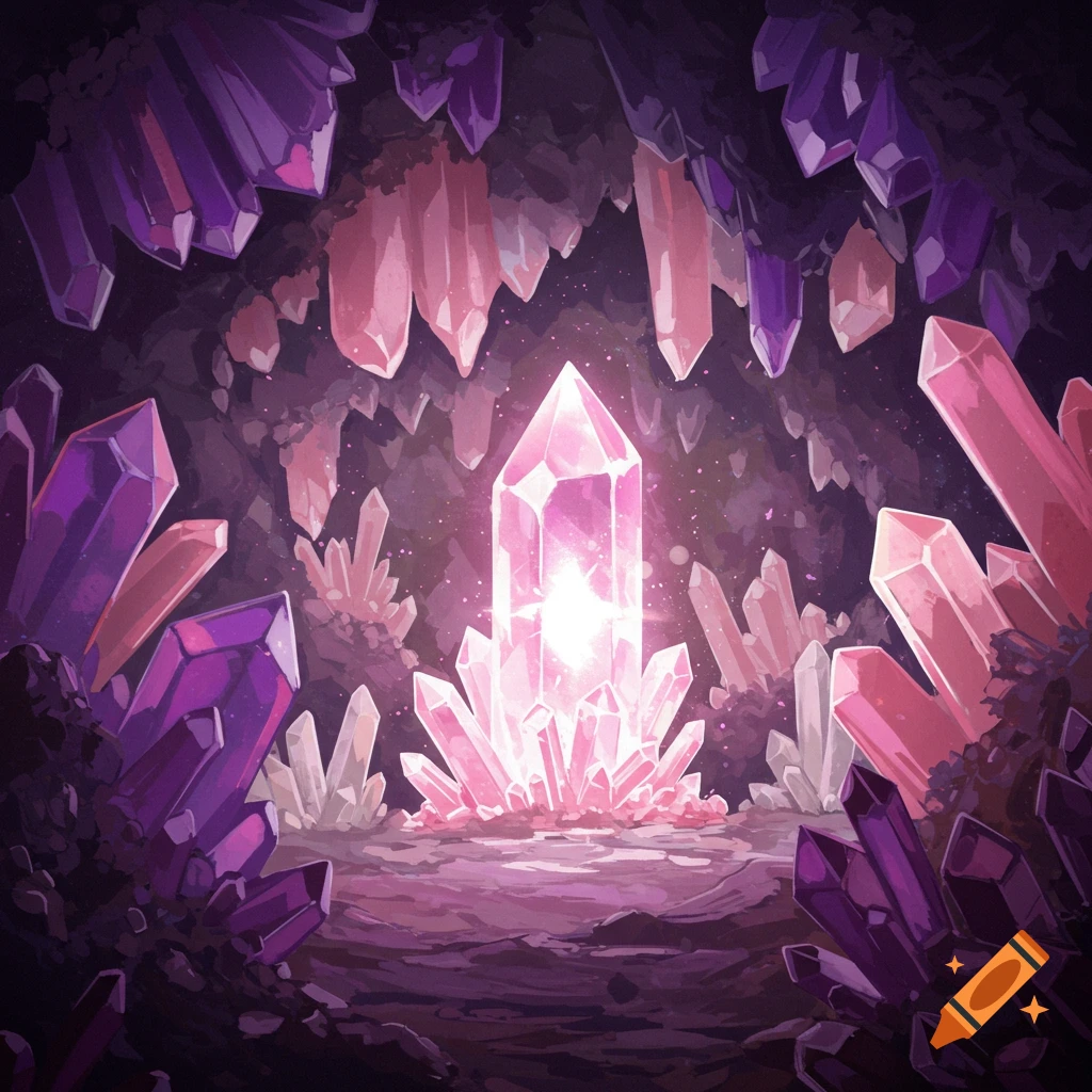 A vibrant scene of a dark crystal cavern illuminated by a large, glowing pink crystal in the center, surrounded by pink and purple crystals.