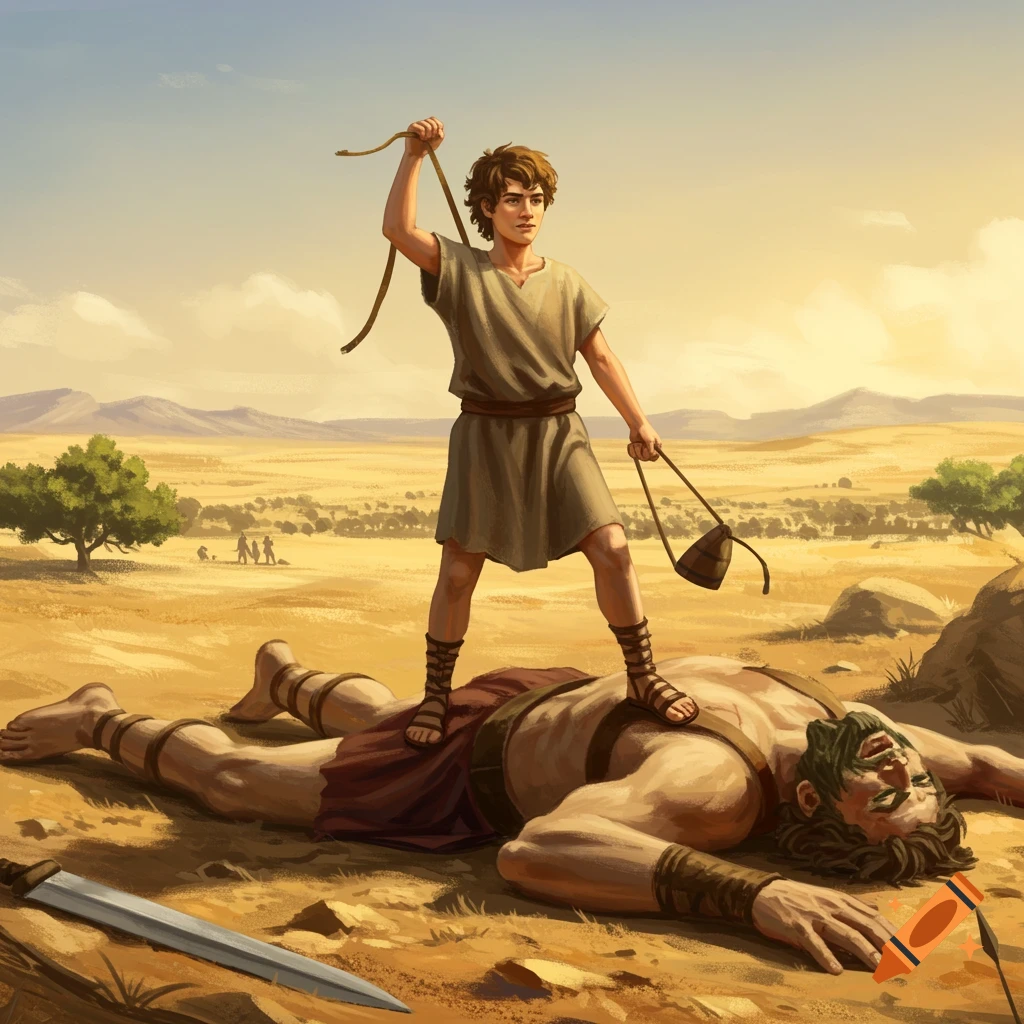 Young David standing over fallen giant Goliath in a desert.