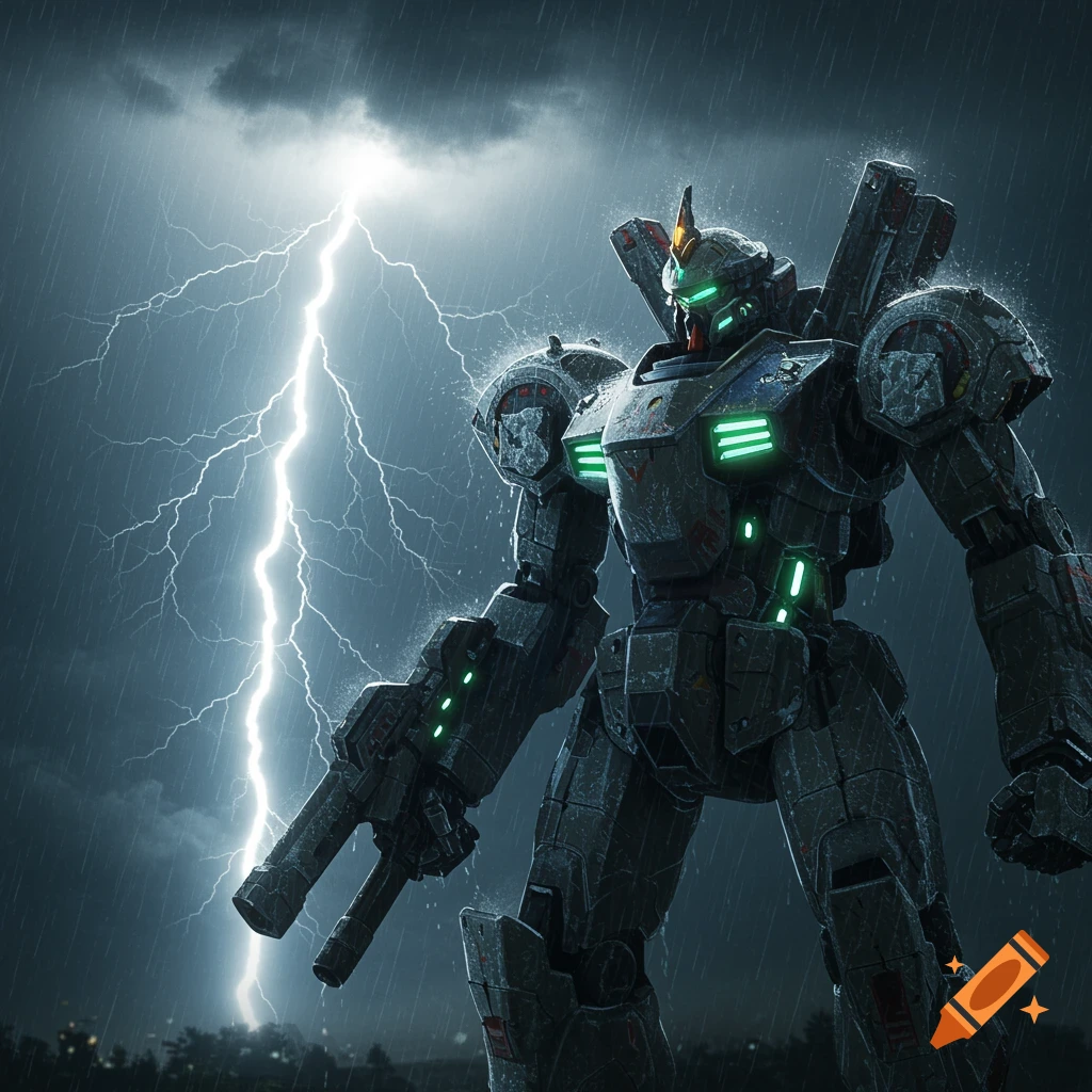 Large dark robot stands in heavy rain with lightning striking in a stormy sky.