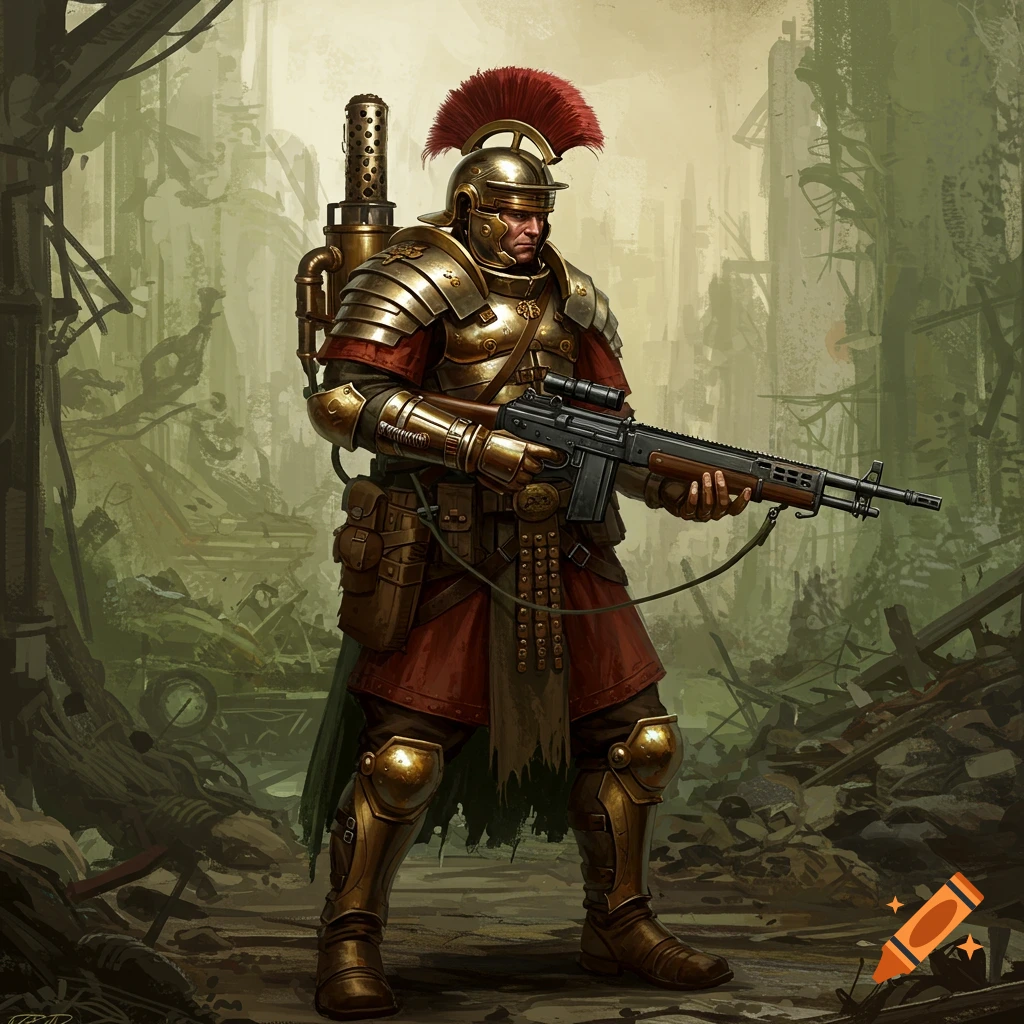 A dieselpunk fantasy soldier in Roman-style armor with a rifle stands in a ruined city.