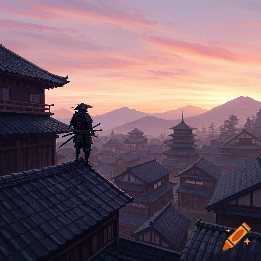 A samurai standing on a rooftop overlooking a Japanese village at sunset.