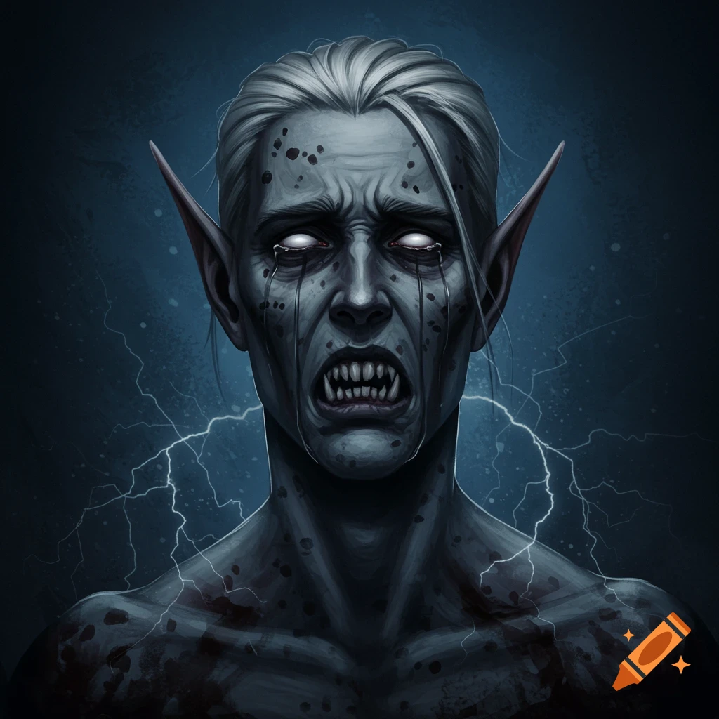 A grey-skinned creature with sharp teeth and pointed ears is crying black tears, with lightning behind it.