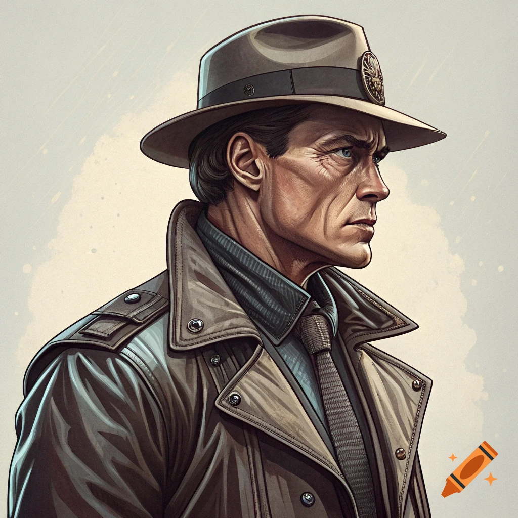 Illustration of a man in a fedora and trench coat looking to the right.