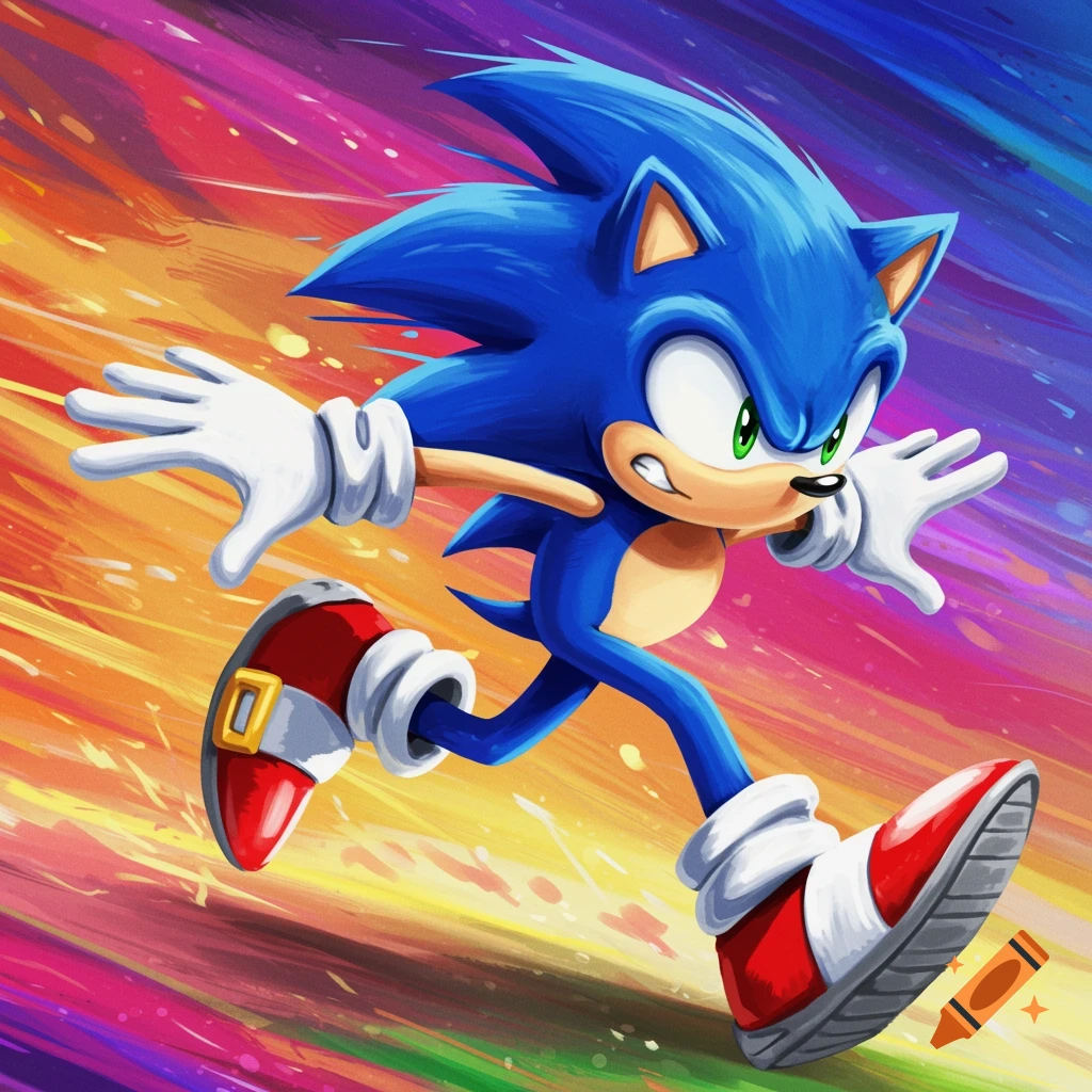 Sonic the Hedgehog runs in a dynamic, colorful painterly illustration.