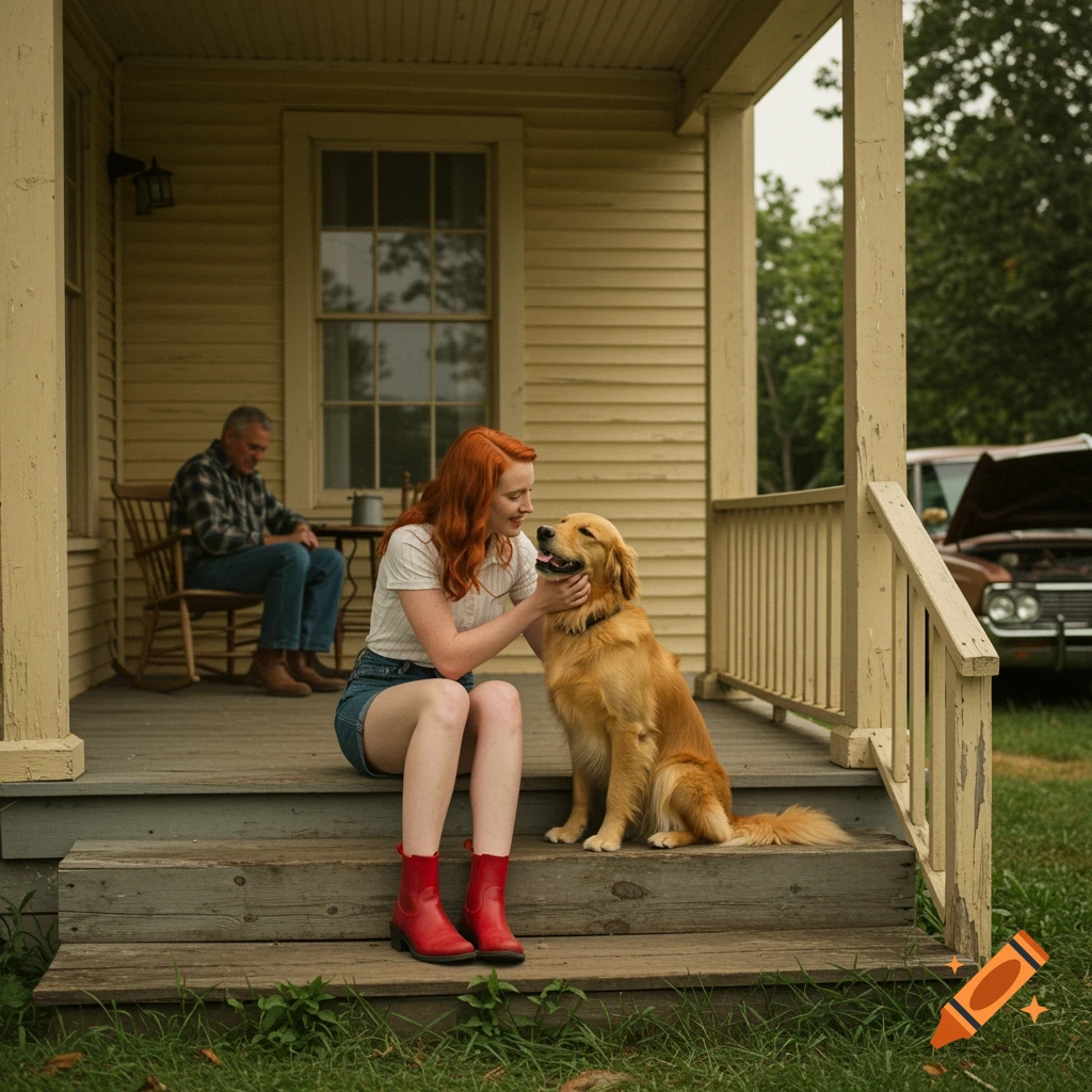 A woman pets a golden retriever on a porch, with a man tinkering with a car in the background. Vintage photo style.