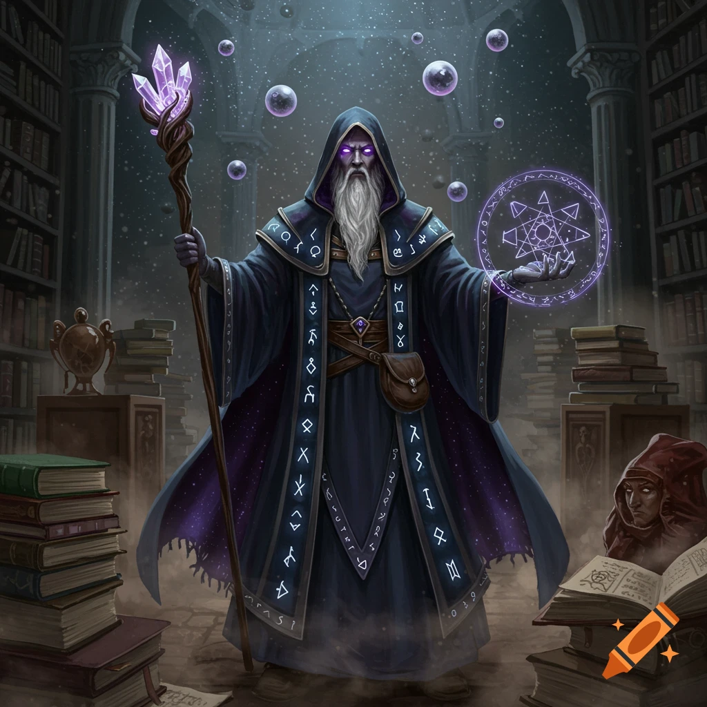 A dark fantasy image of a robed wizard casting a spell in a magical library.