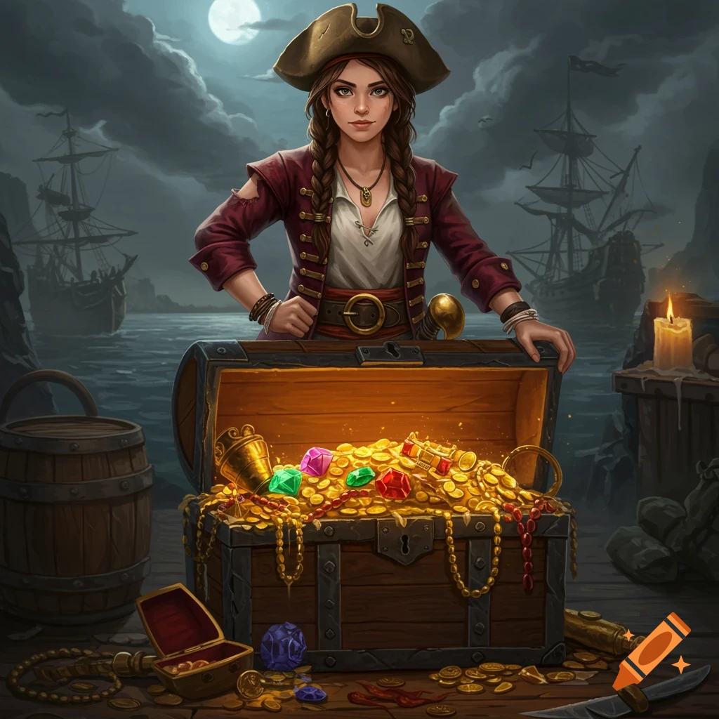 A female pirate stands behind an overflowing treasure chest in a nighttime cove.