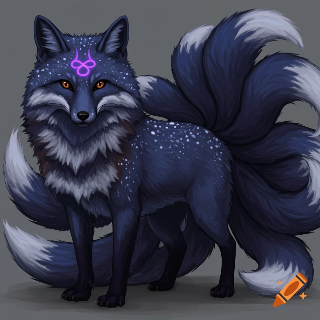 A dark blue fantasy fox with white spots, a purple symbol on its forehead, and nine bushy tails.
