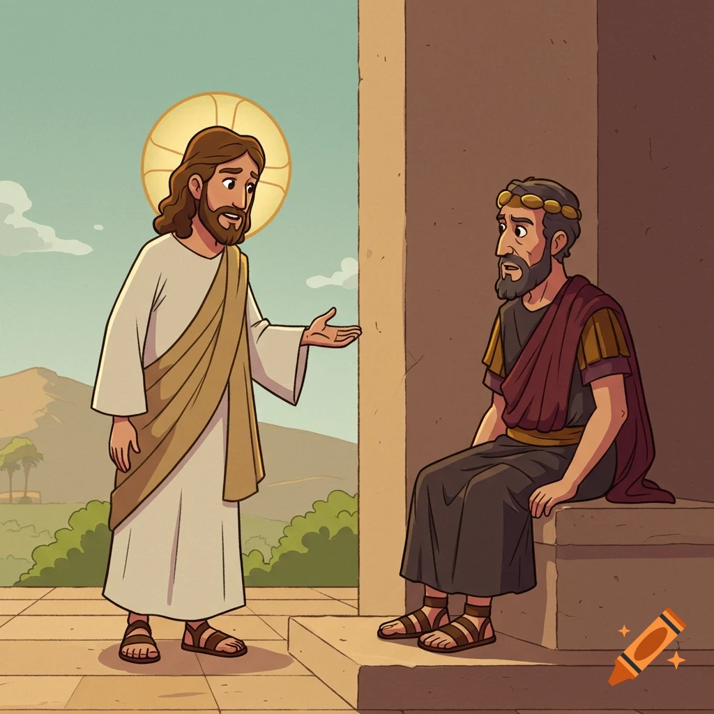 Cartoon illustration of Jesus speaking to Pilate.