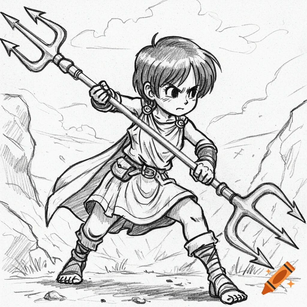 Black and white pencil sketch of a short-haired character in Roman clothing holding a trident.