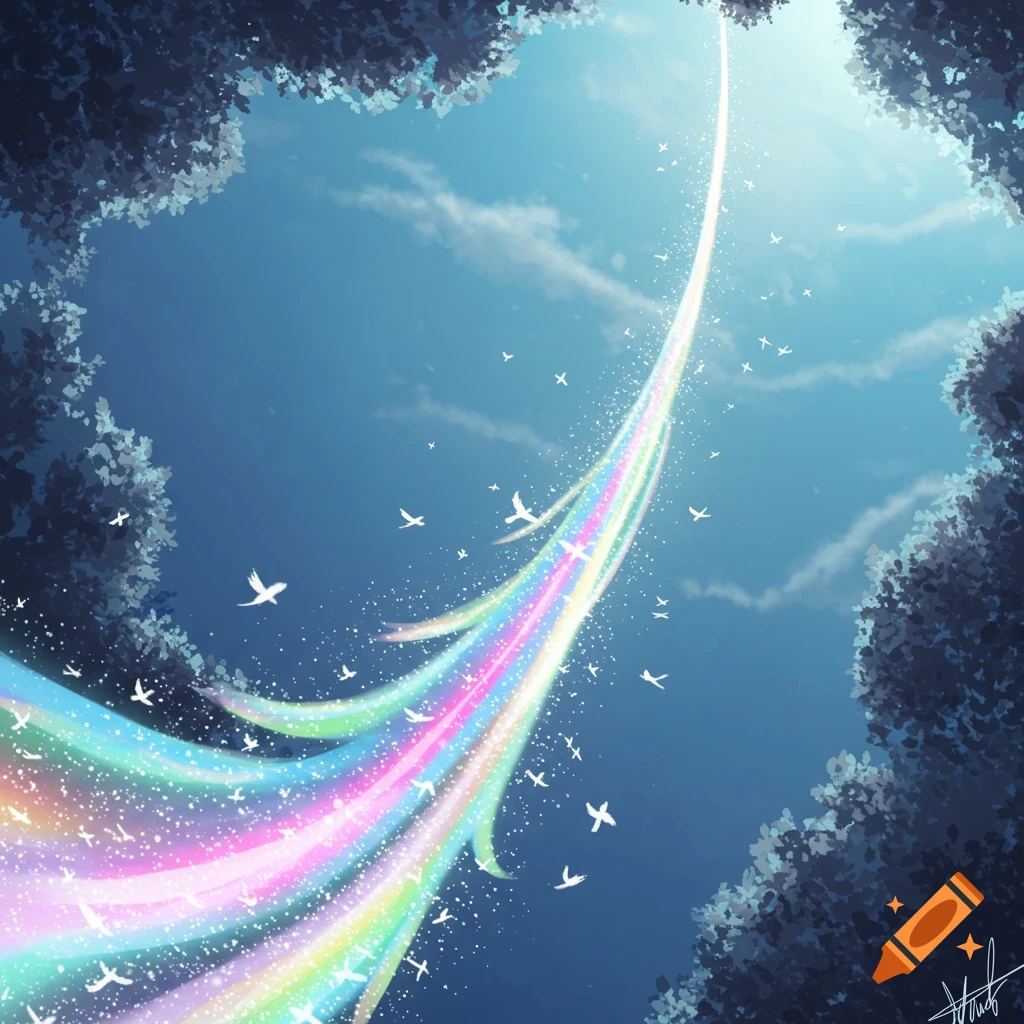 Looking up through dark trees at a blue sky with a bright rainbow trail and many white birds flying.
