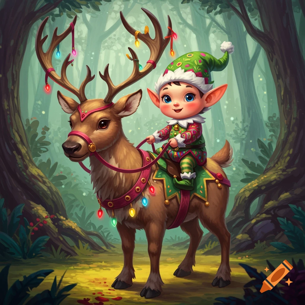 A cute elf rides a reindeer with festive lights in a whimsical forest.