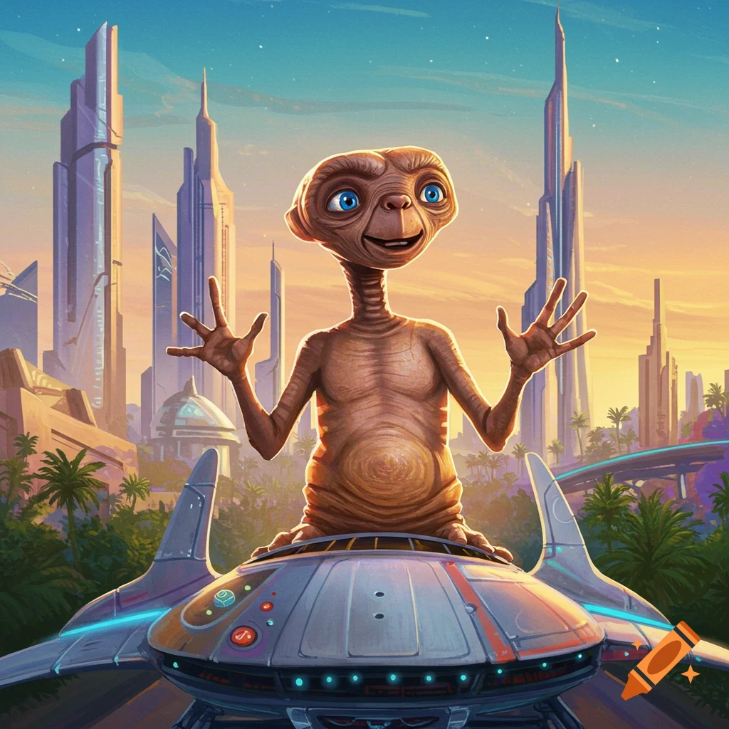 E.T. stands on a spaceship in a futuristic city at sunset.