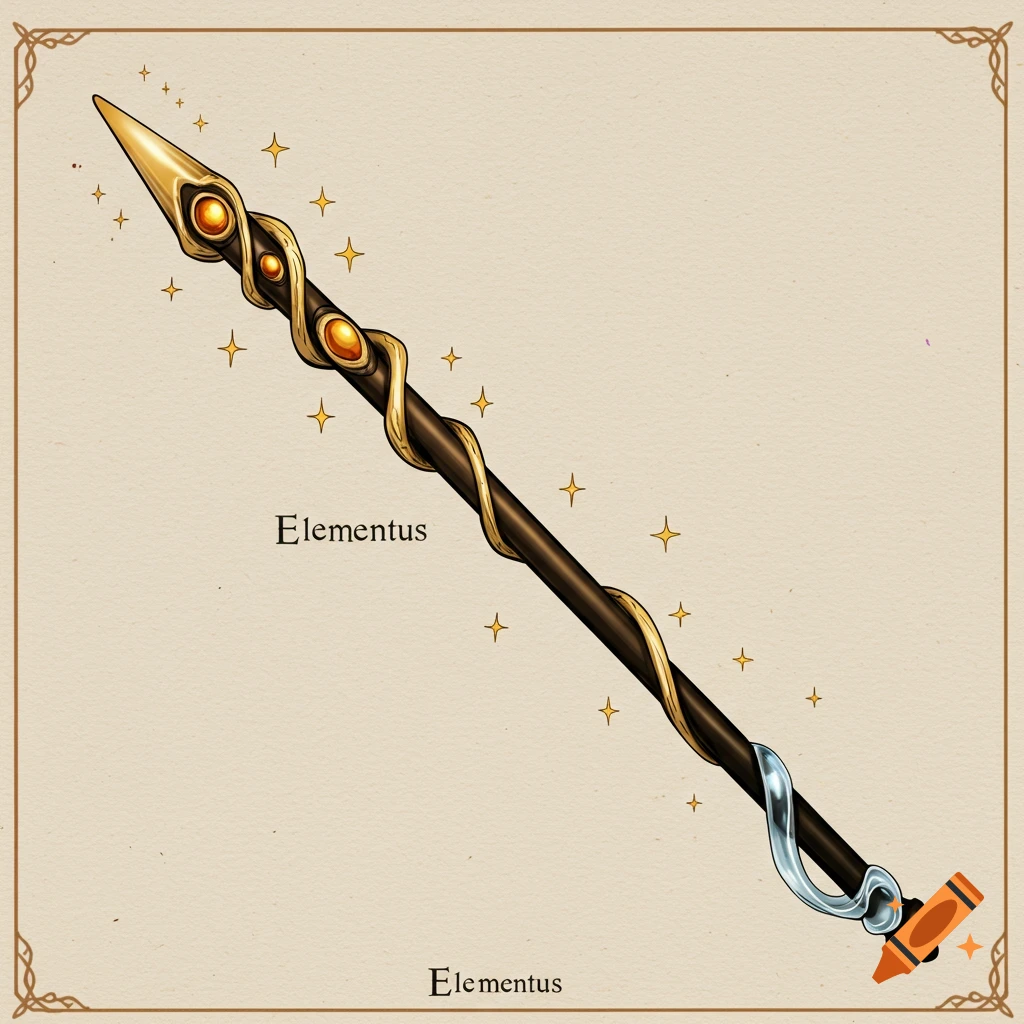 Illustration of a golden-brown magical wand with a swirl design and golden gems, labeled Elementus.