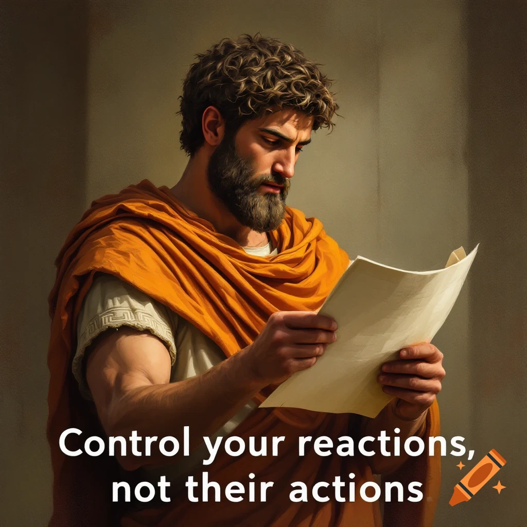 A man resembling Marcus Aurelius reading paper with overlaid philosophical text.