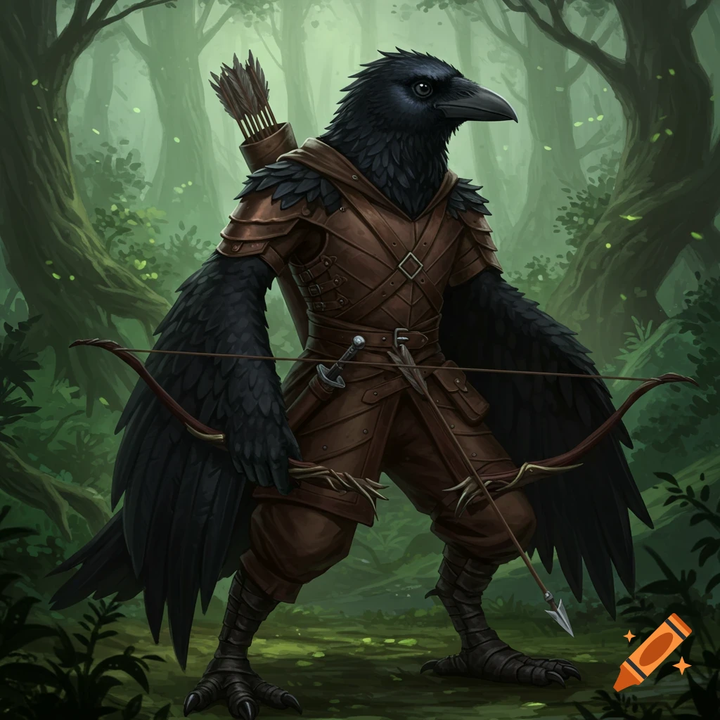 A raven Kenku ranger in leather armor holds a bow in a forest.