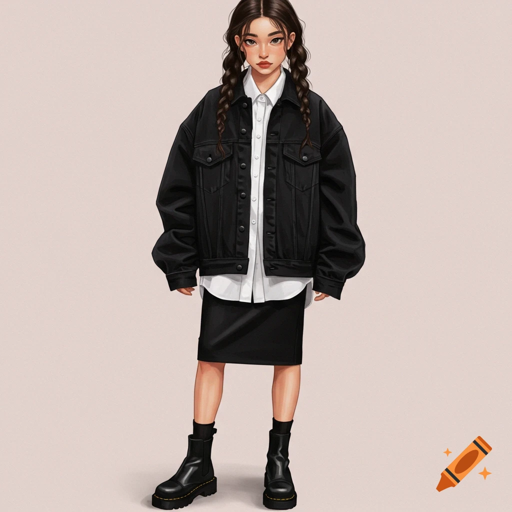 Digital illustration of a girl in a baggy black jacket, white shirt, black skirt, and black boots.