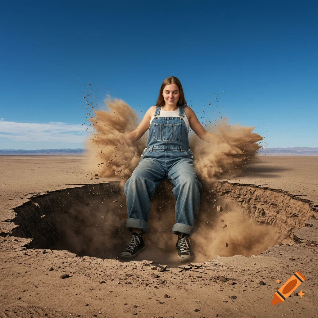 A giant woman in overalls sits on the edge of a huge crater in the desert as dust explodes around her.