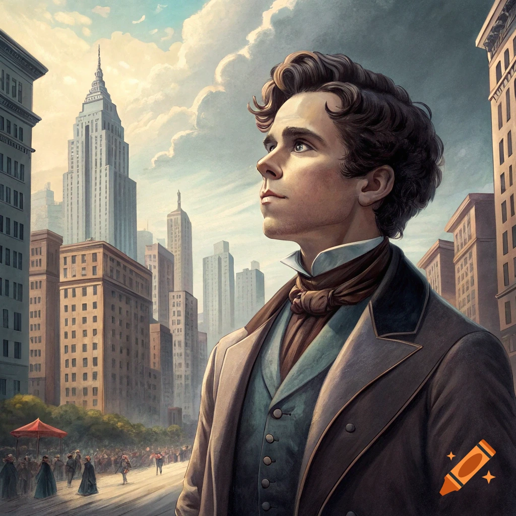 A young man in historical clothes looks up at skyscrapers in a city.