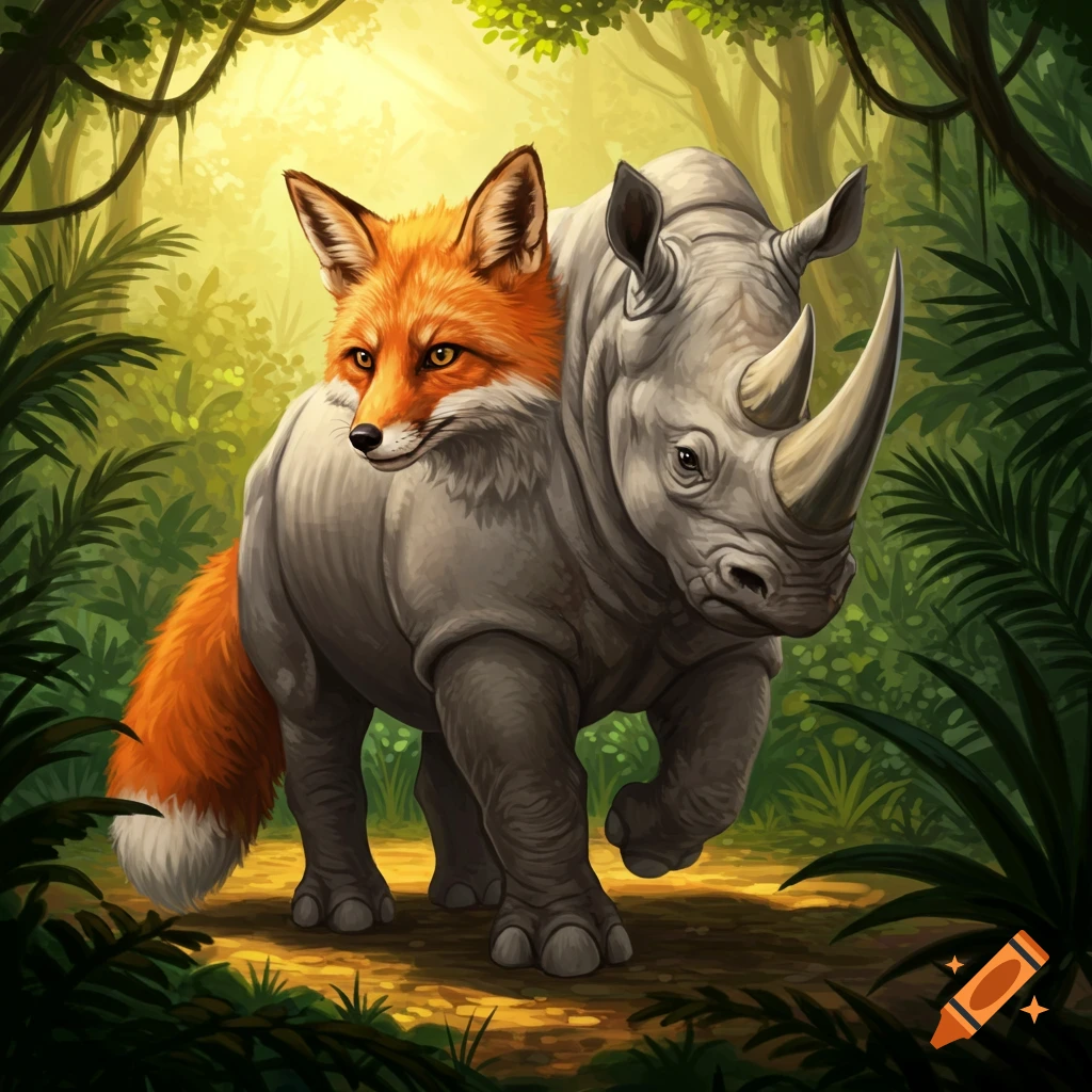 A fox and rhinoceros hybrid animal standing in a jungle.