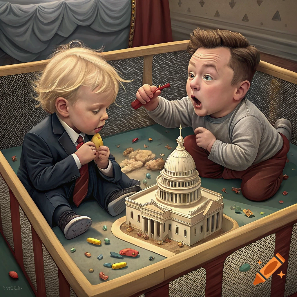 Two toddlers in a playpen with a toy US Capitol building.