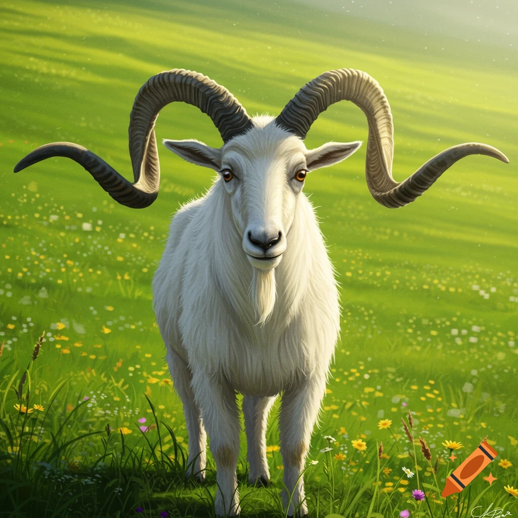 A white goat with large curved horns stands in a sunny, grassy field.