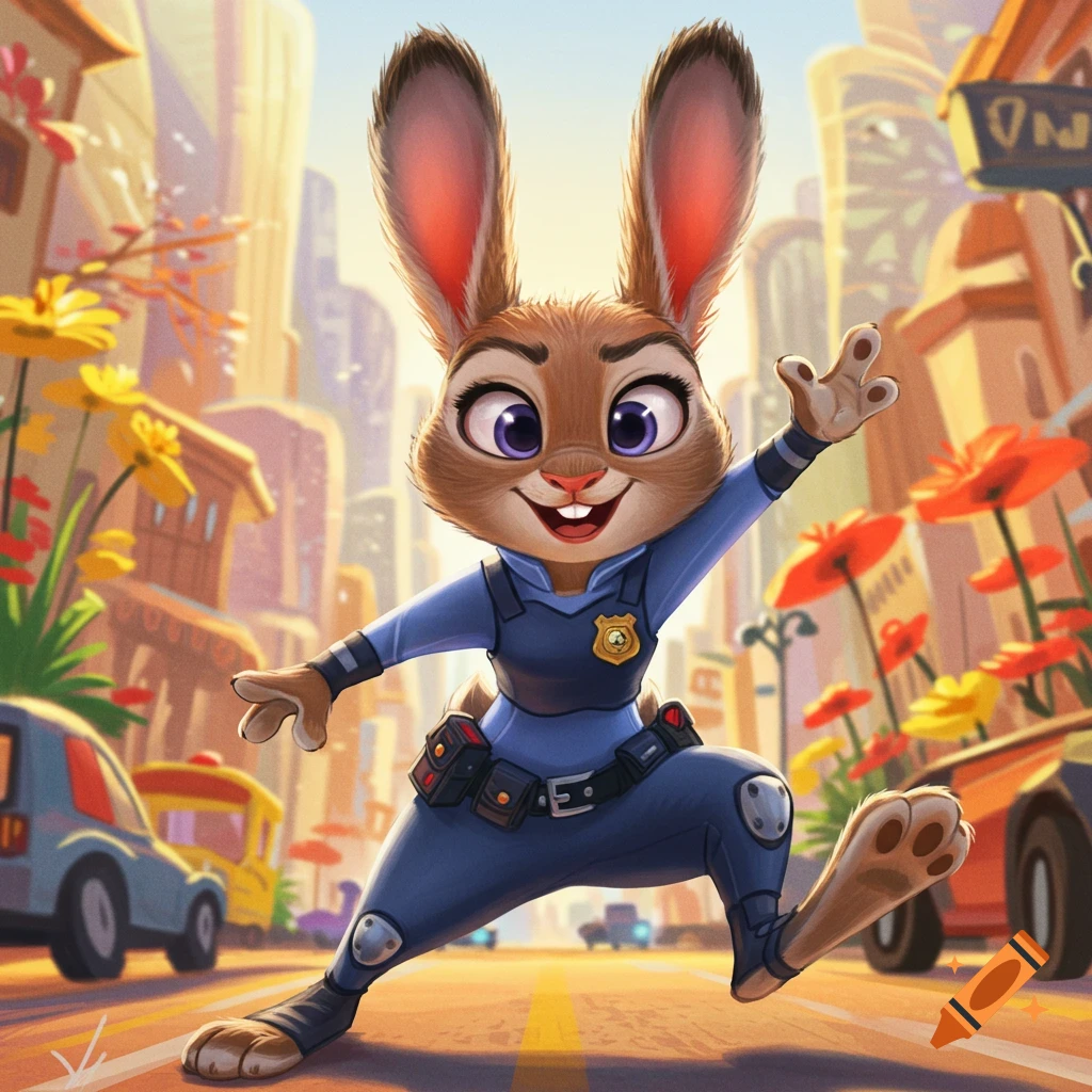 A drawing of Judy Hopps in her police uniform, hopping on a city street.