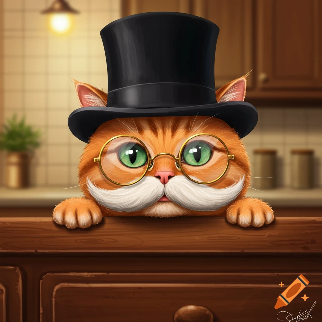 An orange cat with a mustache, glasses, and top hat peeking over a counter.