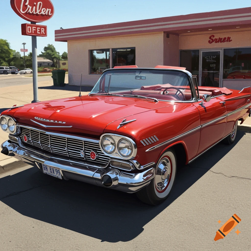 A red vintage convertible car is parked in front of a diner.
