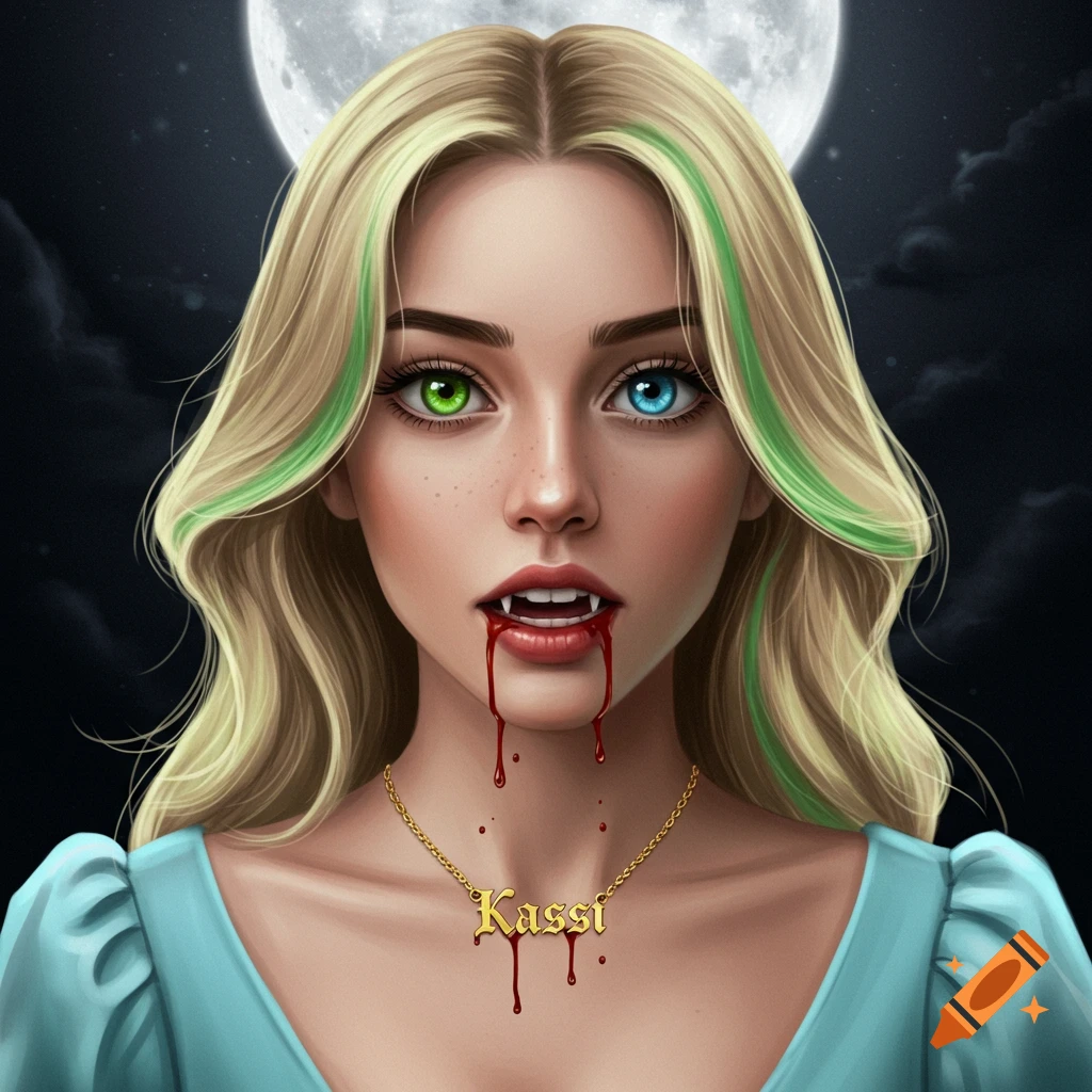Portrait of a blonde woman vampire with green and blue eyes, blood dripping, wearing a blue dress and a necklace that says Kassi.