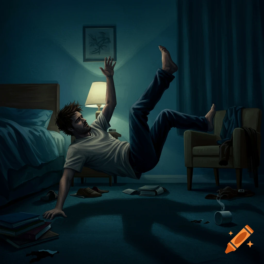 A man falls backward through the air onto the floor in a dimly lit bedroom.