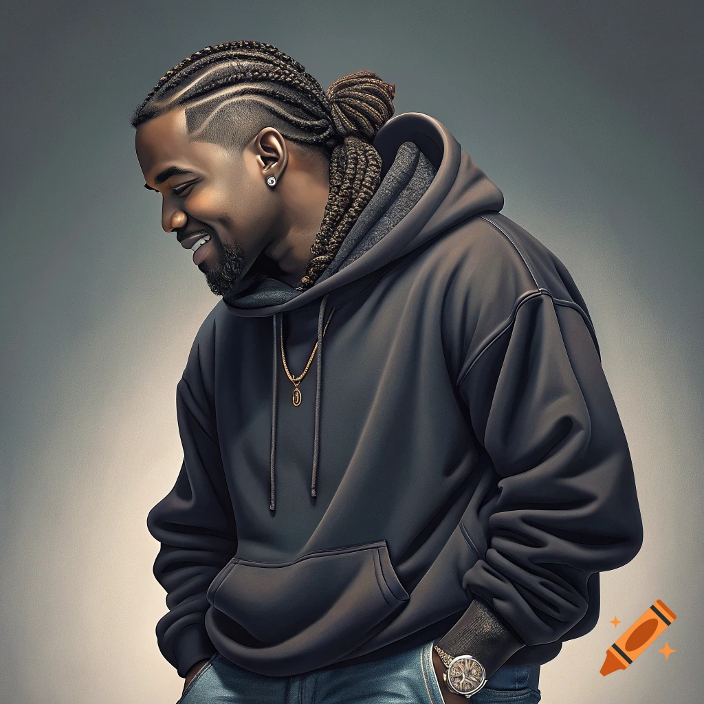 Realistic portrait of a man with braided hair wearing a black hoodie, gold necklace, and watch, smiling.